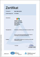 ISO 9001:2015 QS-Zertifikat Prinz Optics